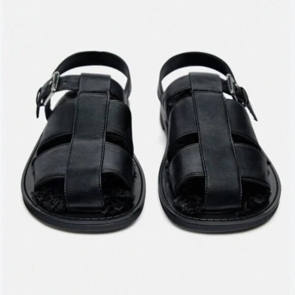 New ZARA Faux Fur Lined Cage Sandals Black Leather Fisherman Women's Size 6.5 37 - Picture 10 of 14